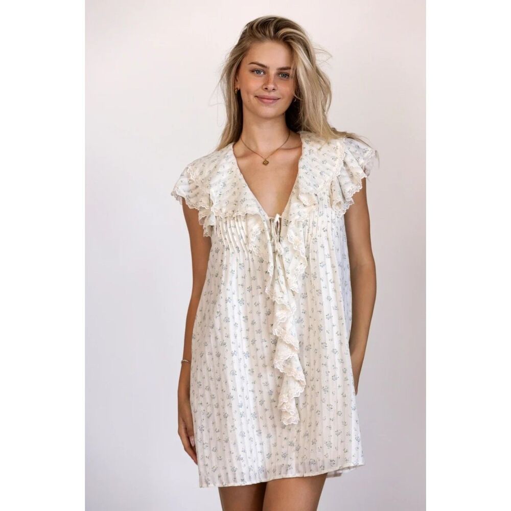 NWT Storia Margot ditsy floral mini dress in ivory blue 100% Cotton Size L